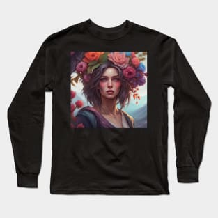 Young Woman with Rose Portrait Long Sleeve T-Shirt